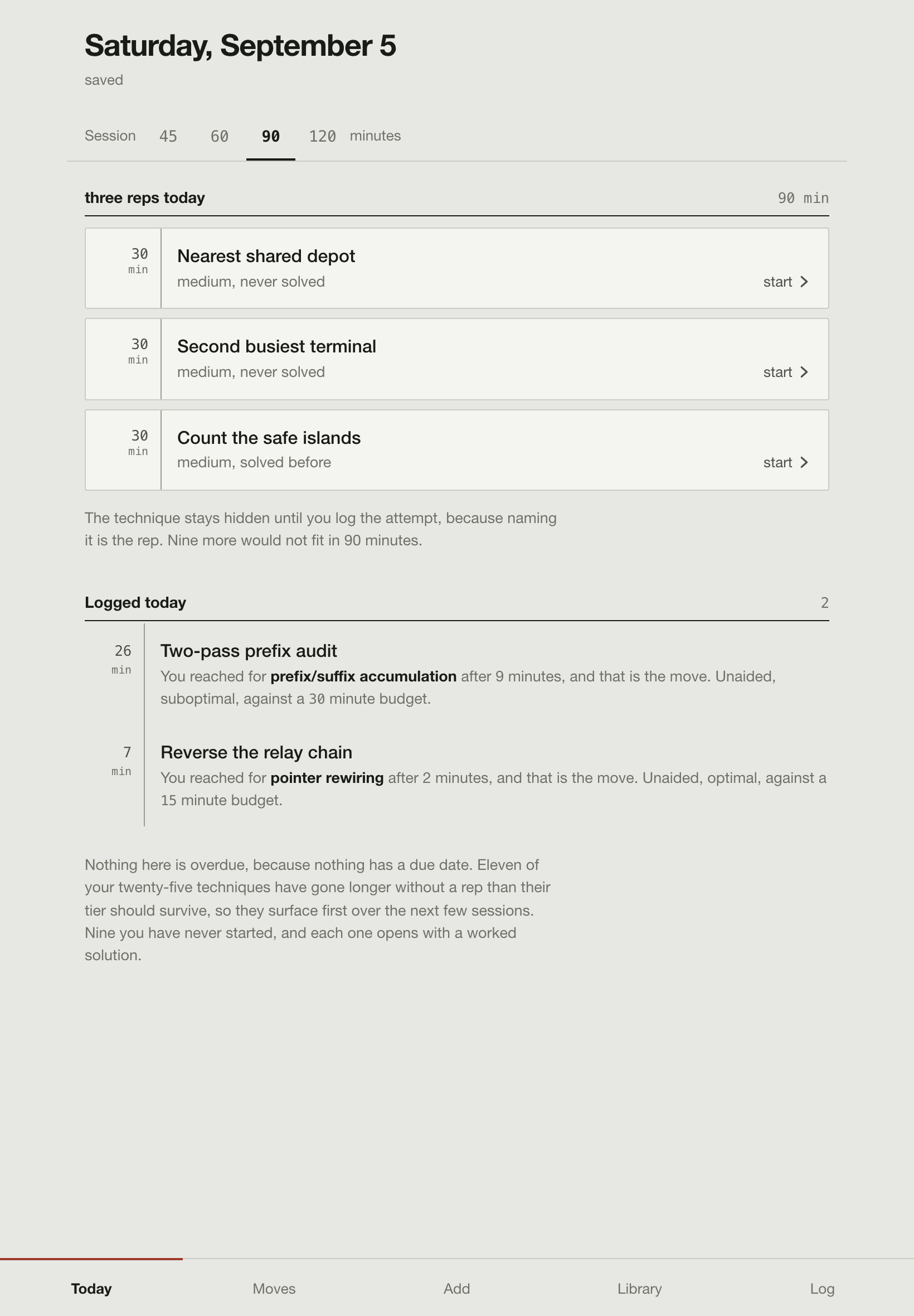 Today's session view on an iPad, showing the session budget and the ranked list of techniques waiting on a rep.