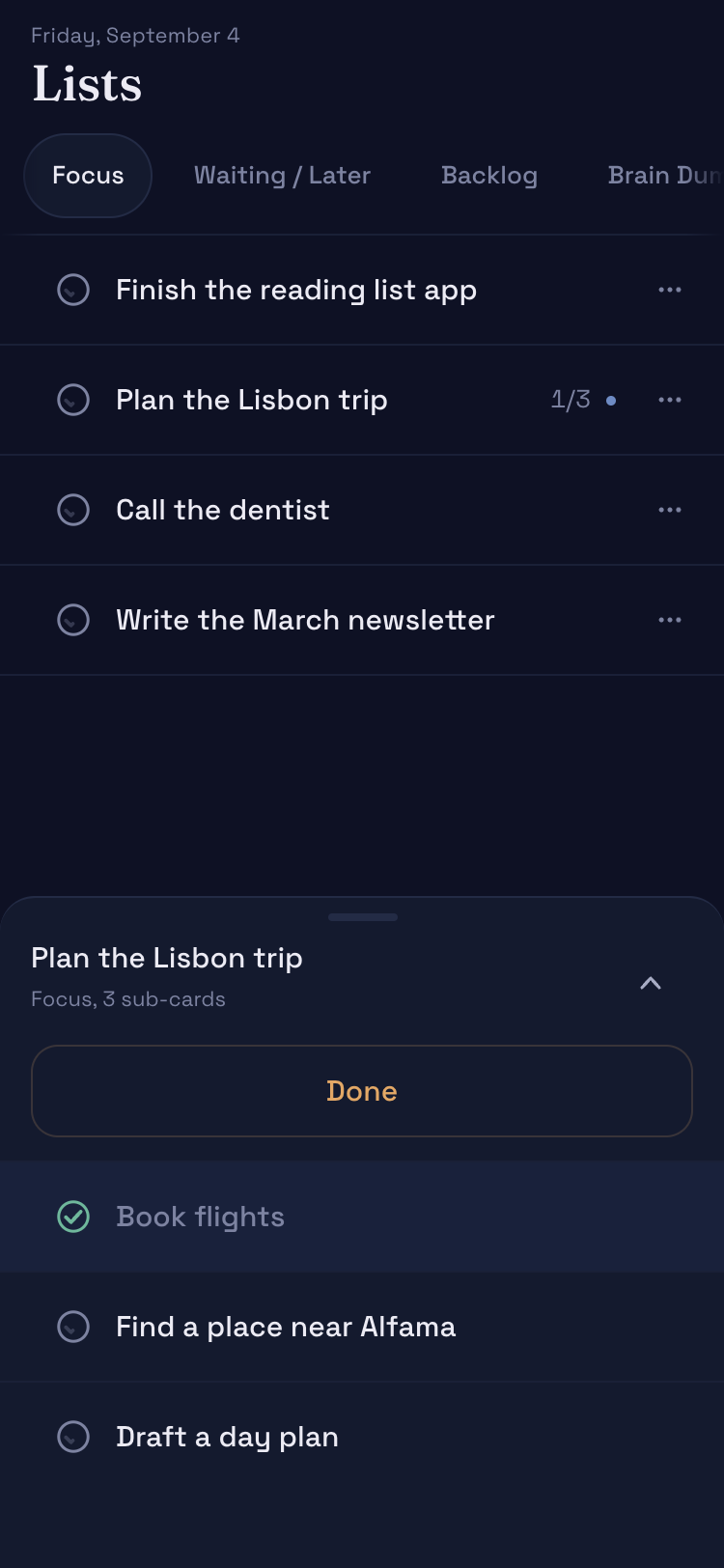 The phone app's Lists screen with a card sheet open, showing that card's sub-cards as full rows.