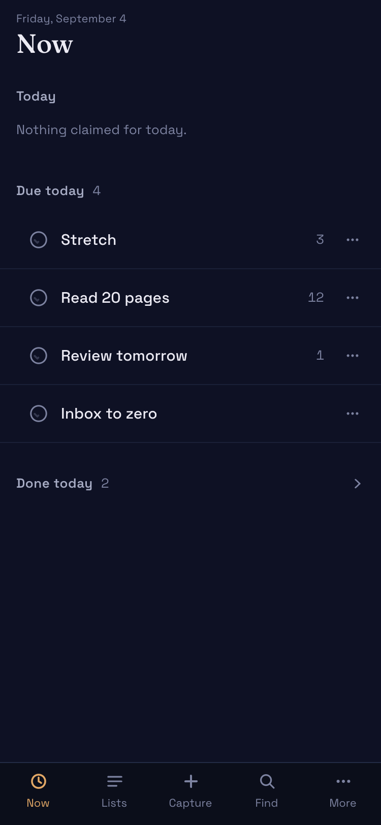 The phone app's Now screen — today's tasks as single-tap rows, with a bottom tab bar.